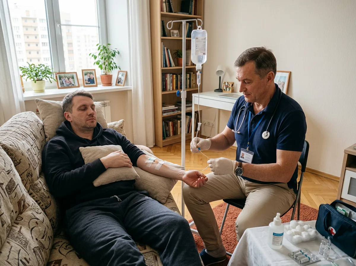 Врач-нарколог в гражданской одежде проводит детоксикационную капельницу пациенту на дому, светлая московская квартира, профессиональная уверенная атмосфера